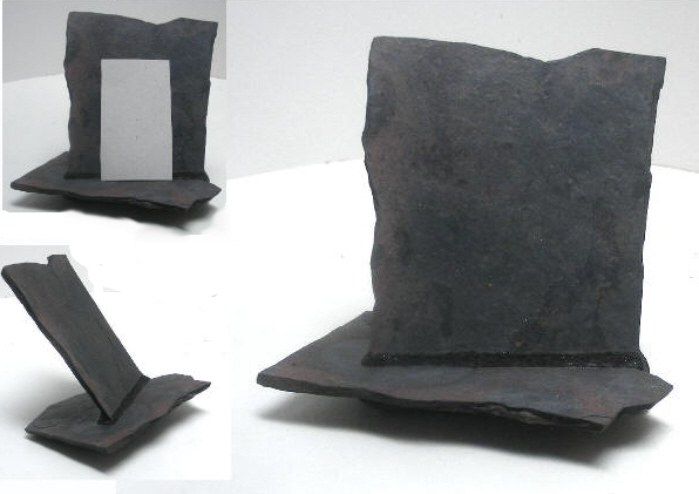three views of a mauve slate vertical style business card holder
