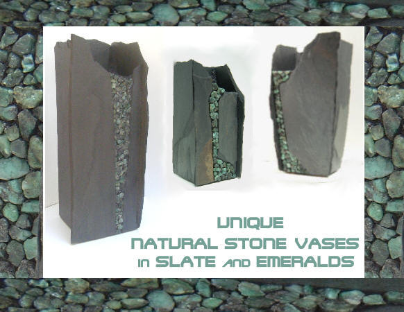 three slate vases with emeralds to show varying sizes
